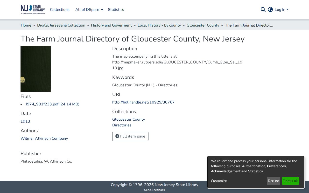 Monroe Township city directory view of the 1913 Gloucester County Farm Journal Directory