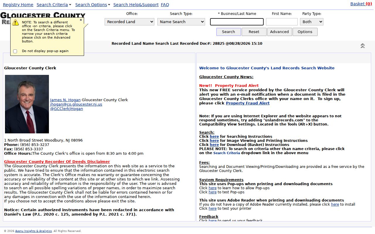 Monroe Township street directory Gloucester County deed index search interface